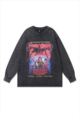 Vintage Stranger Things t-shirt long sleeve cartoon top grey