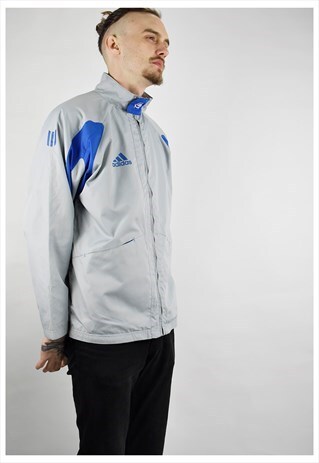 VINTAGE 90S ADIDAS GREY AND BLUE ZIP UP UNISEX WINDBREAKER