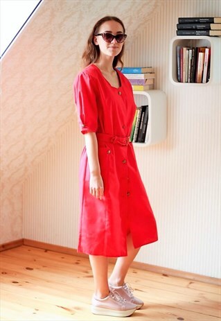 BRIGHT RED SCALLOP CUT OUT DRESS