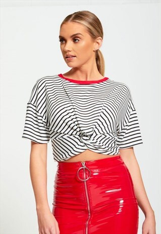 WHITE STRIPED TWIST KNOT CROP TOP