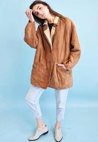 80'S RETRO REAL SUEDE & FAUX FUR DETAILING SHEARLING COAT