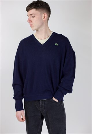 VINTAGE LACOSTE 90'S NAVY V-NECK LIGHT KNIT JUMPER