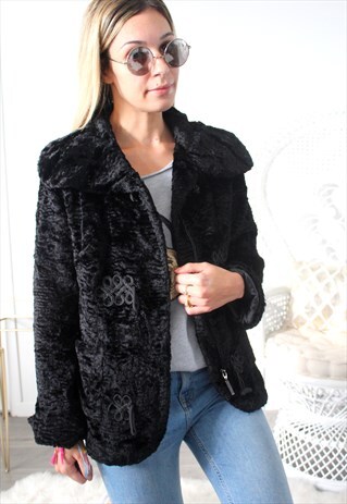 VINTAGE COAT FAUX FUR BLACK