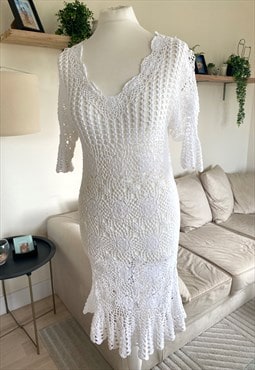 Y2K White Crochet Midi Dress