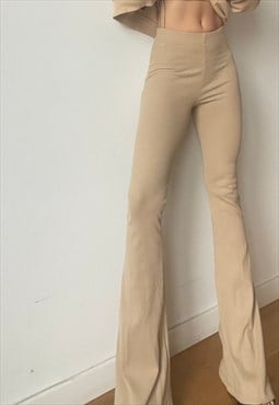 High Waisted Flared Beige Cotton Trousers