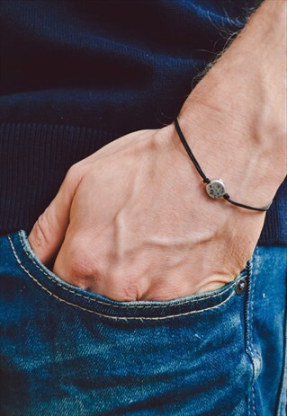 BLACK BRACELET, MEN'S BRACELET WITH SILVER CIRCLE ROUND BEAD
