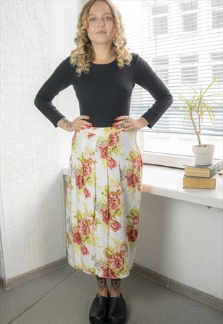Vintage 70's Multicolour Floral Print Viscose Midi Skirt