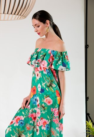 Maxi Floral dress, Green Summer dress, off shoulder dress