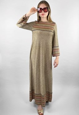 Mary Farrin Vintage 70's Gold Lurex Fluted Sleeve Maxi Dress