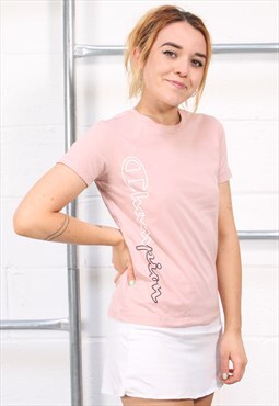 Vintage Champion T-Shirt in Pink Crewneck Sports Tee Small