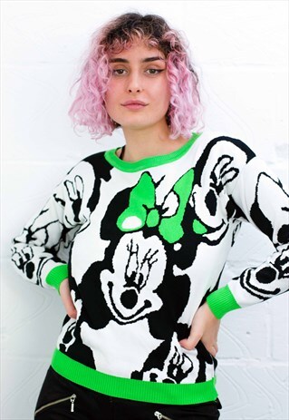 VINTAGE WHITE AND GREEN MINNIE MOUSE KNITTED JUMPER