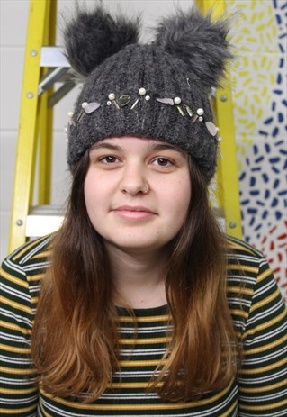 REWORKED DOUBLE POM POM GREY BEANIE