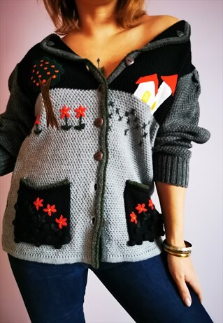 VINTAGE 70'S NOVELTY EMBROIDERY SWEATER CARDIGAN JACKET