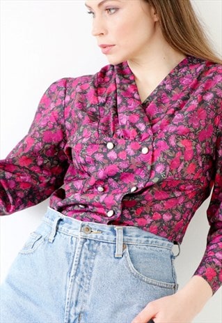 COLLARLESS 80S BLOUSE VINTAGE SHIRT FLORAL COTTAGE-CORE TWEE