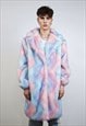 TIE-DYE COAT FAUX FUR PASTEL PINK SHAGGY TRENCH OVERCOAT 