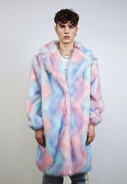 Tie-dye coat faux fur pastel pink shaggy trench overcoat 