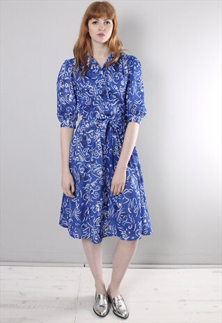 VINTAGE 80S BLUE PATTERNED PUFF SLEEVE DRESS