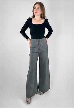 70's Vintage Silver Black Lurex High Rise Flare Trousers