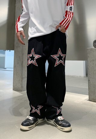 BLACK EMBROIDERED STAR DENIM JEANS PANTS TROUSERS