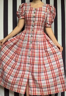 Vintage 90s maxi Trachten dress, red white plaid, Uk10/12