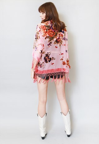VINTAGE STYLE PINK SILK VELVET TASSEL FESTIVAL KIMONO