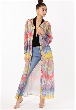 Multi color feather print chiffon long shirt dress cardigan 