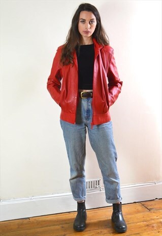 1980S VINTAGE RED LEATHER STYLE ZIP UP BOMBER JACKET