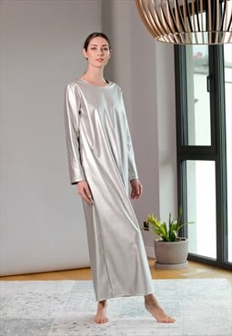 Silver dress, Faux Leather dress, Long dress, Spring dress
