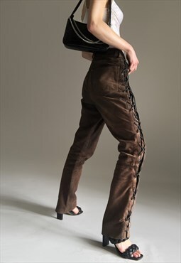 Vintage Y2K 00s unisex lace-up brown real leather trousers