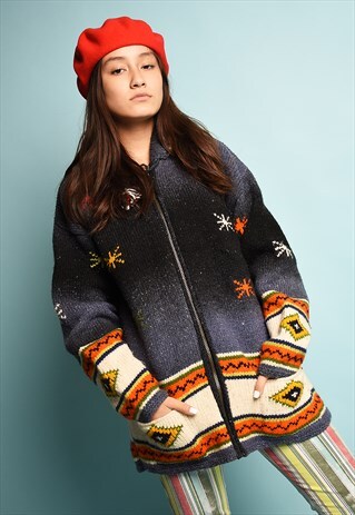 VINTAGE 90'S CHUNKY KNIT ETHNIC HOODIE KNIT CARDIGAN JACKET