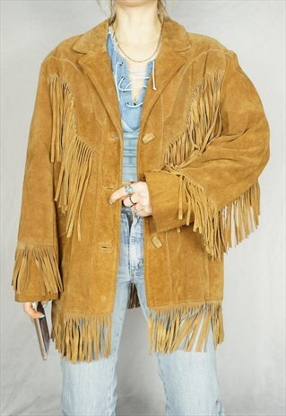 VINTAGE SUEDE LEATHER WESTERN TASSEL COWBOY JACKET 70S 80S