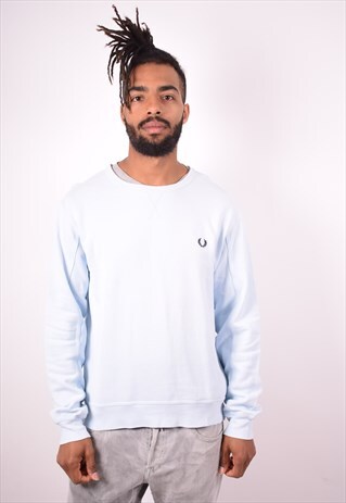 FRED PERRY MENS VINTAGE SWEATSHIRT JUMPER LARGE BLUE 90S