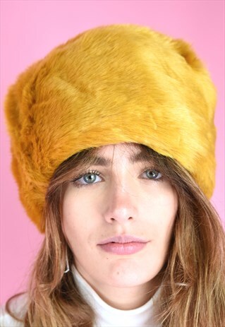VINTAGE INSPIRED HAT FAUX FUR 90S FLUFFY YELLOW MUSTARD