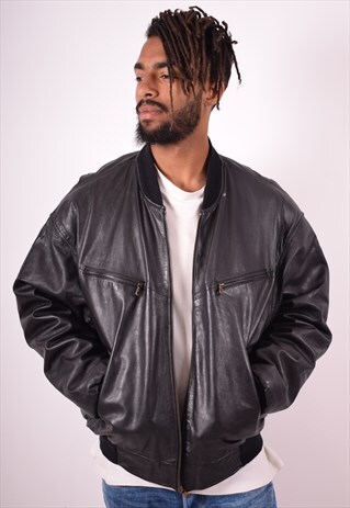 MENS VINTAGE LEATHER BOMBER JACKET MEDIUM BLACK 90S