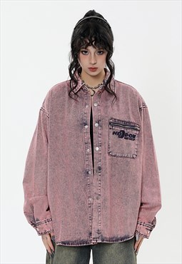 Bleached denim shirt long sleeve jean blouse acid top pink