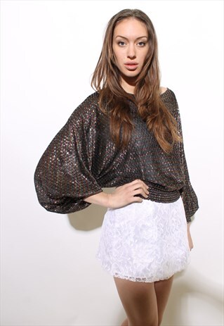 VINTAGE 1970'S 70'S BATWING BLACK RAINBOW DISCO BLOUSE S-M