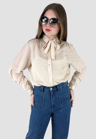 70'S BEIGE CREAM VINTAGE PUSSY BOW LONG SLEEVE BLOUSE