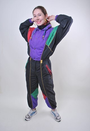 80S DARK MULTICOLOR SKI SUIT, WOMAN BLACK ONE PIECE SNOWSUIT