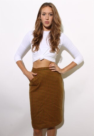 VINTAGE 1950'S 50'S ORANGE GREEN HOUNDSTOOTH PENCIL SKIRT S