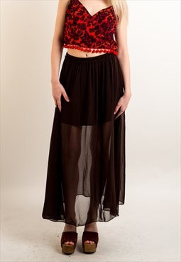 Chiffon Maxi Skirt with Underlay in Brown