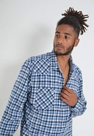 VINTAGE LEVIS CHECK FLANNEL WESTERN SHIRT BLUE