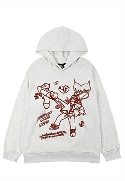 Anime print hoodie Japanese cartoon pullover retro top cream