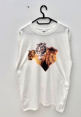 VINTAGE ANIMAL LION TIGER WHITE NATURE T-SHIRT LARGE 