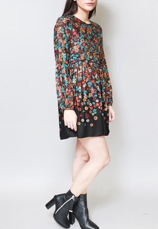 VINTAGE 1970'S MULTI COLOUR FOLK PRAIRIE FLORAL MINI DRESS