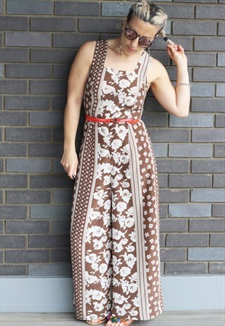 VINTAGE 1990S CHOCOLATE FLORAL WIDE LEG JUMPSUIT