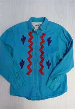 90's Vintage Western Shirt Cowboy Blue Red