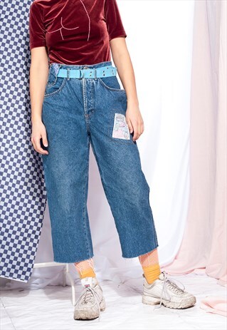 VINTAGE CROPPED JEANS 80S REWORKED PATCH GRUNGE DENIM PANTS