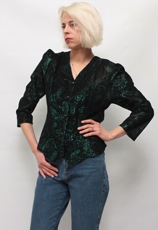 VINTAGE 80' BEAUTIFUL ELAGANT SHINY BLACK AND GREEN BLOUSE