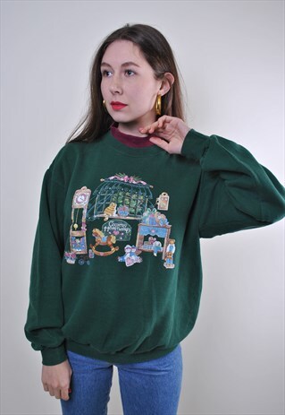 80S GREEN CHRISTMAS PRINT HIGH NECK SWEATSHIRT, SIZE M