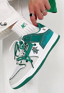 Double lace sneakers retro classic trainers in green white